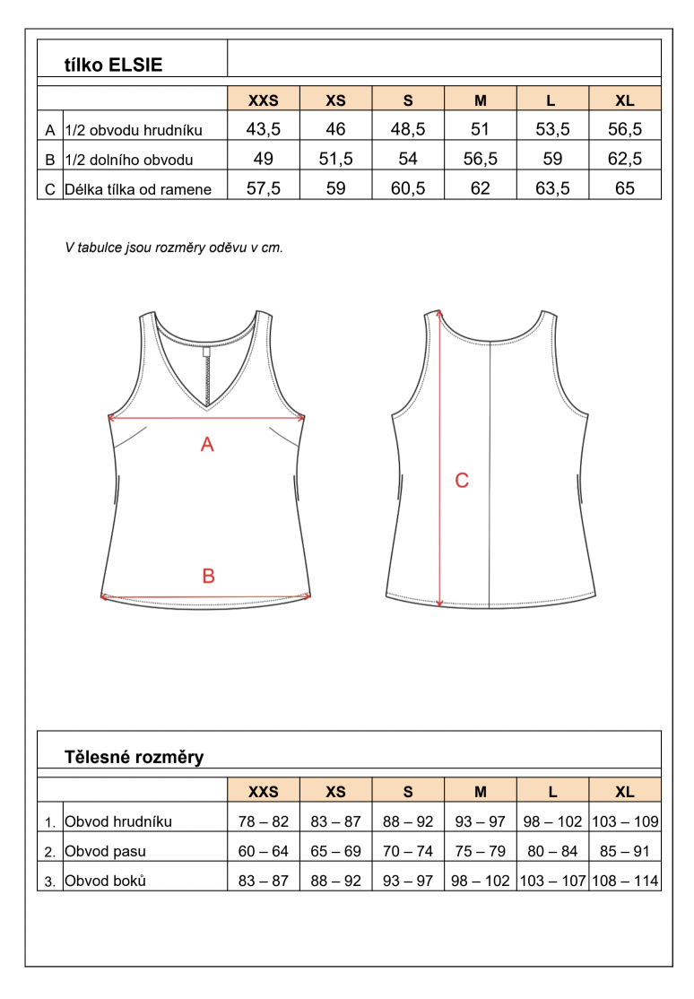 tabulka velikosti Elsie